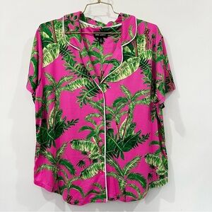 Room Service Pajama Top Size Large Pink Green Palm Print Tropical Short Sleeve